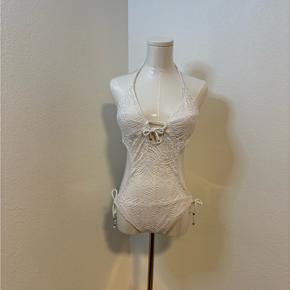 Polo Ralph Lauren White Crochet Illusion Monokini One Piece Swimsuit Sz M NWOT - Picture 2 of 5